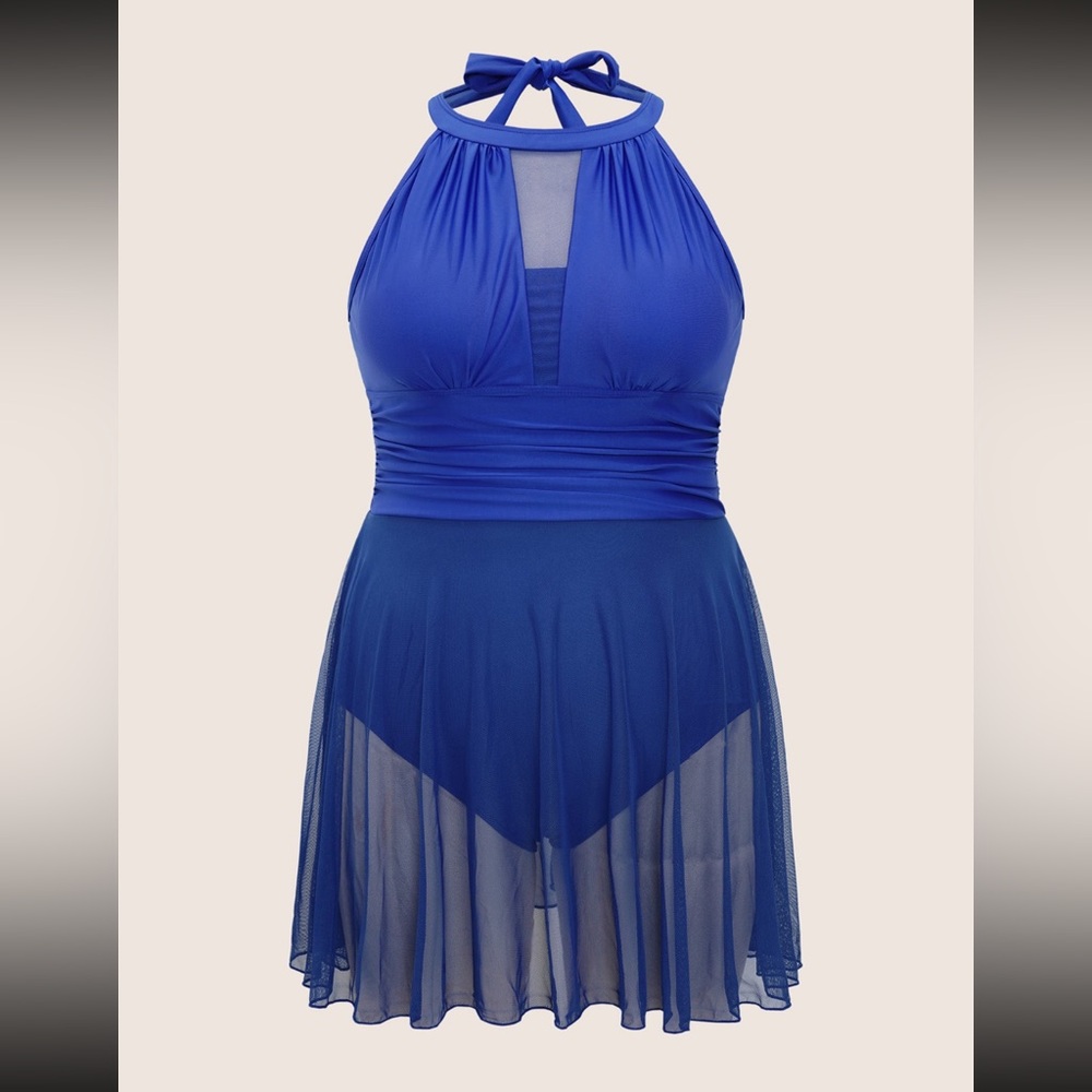 Knotted Back Mesh Insert Halter Swim Dress